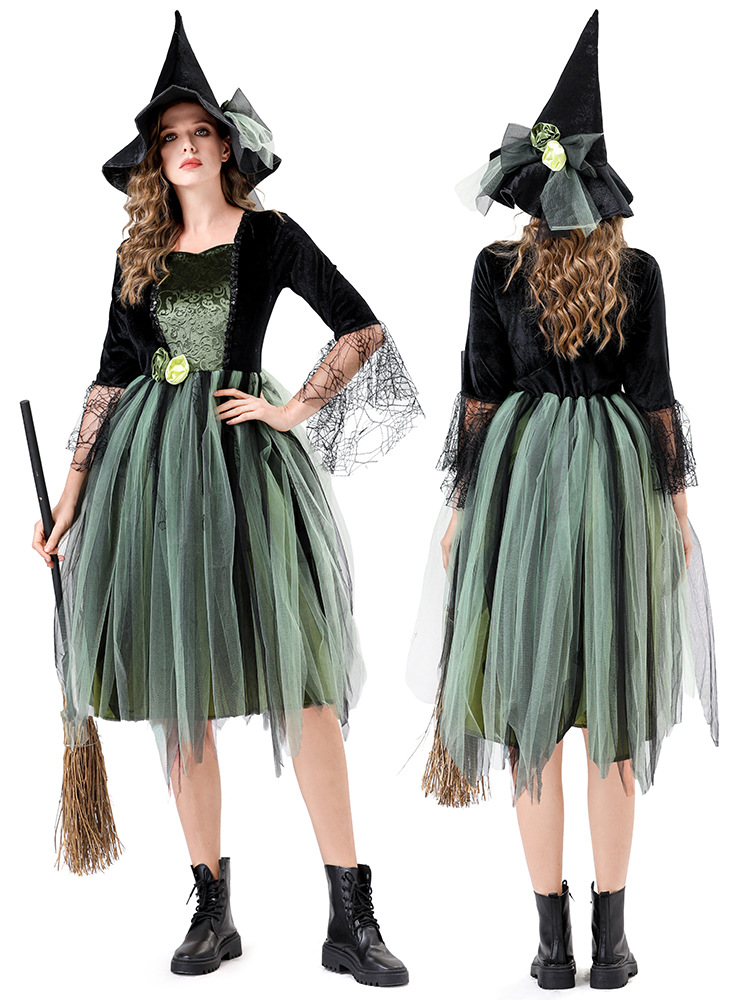 Women Green Witch Costume - Halloween Party Cosplay Outfit Adult Tulle Dress
